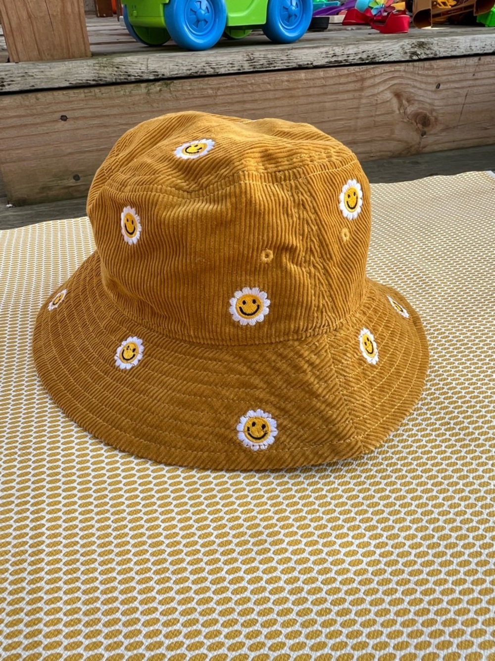 Mighty Fine Mustard Corduroy Bucket Hat with Smiley Daisy Embroidery